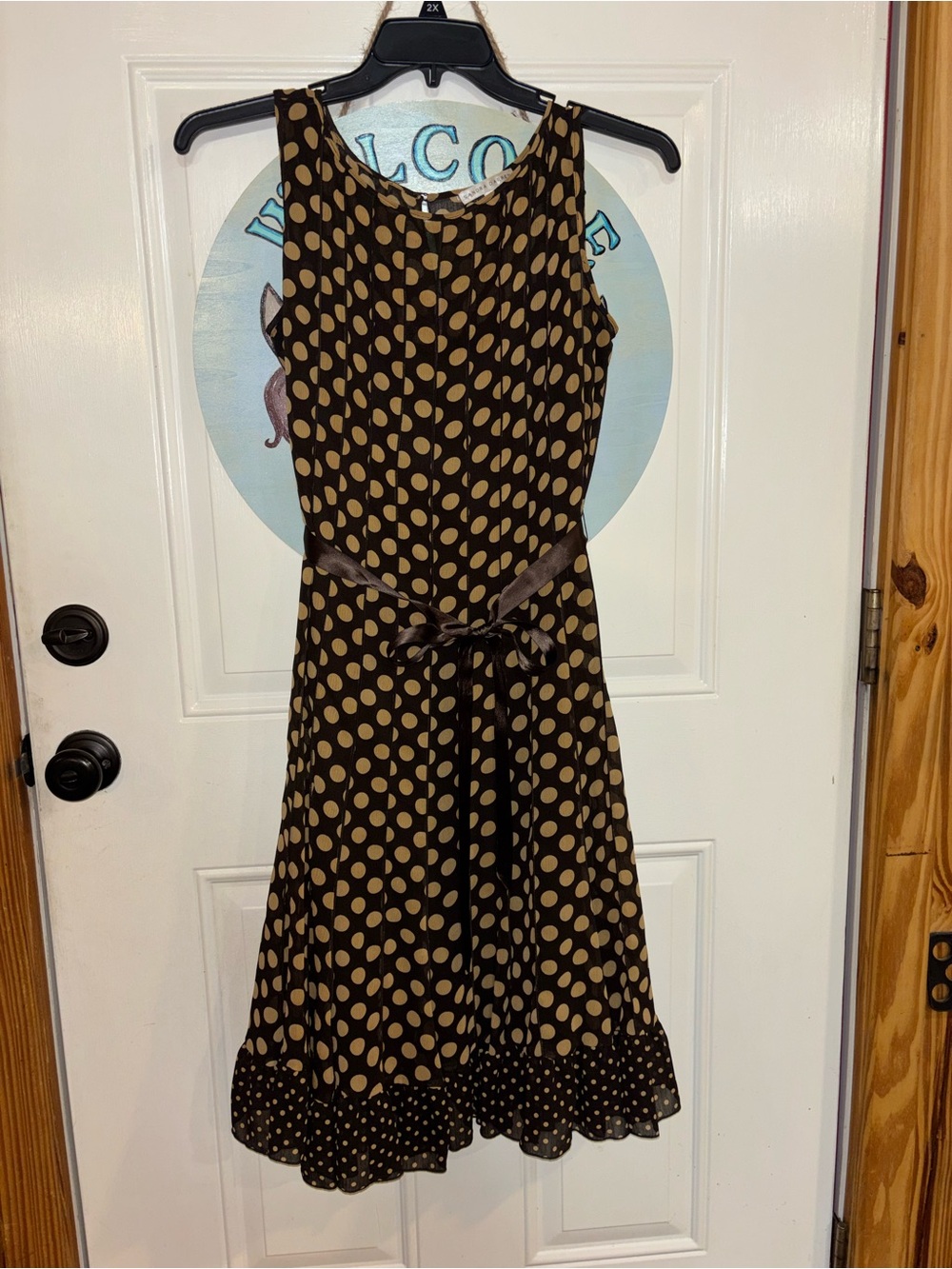 Sandra Darren Black Dress with Tan Polka Dots